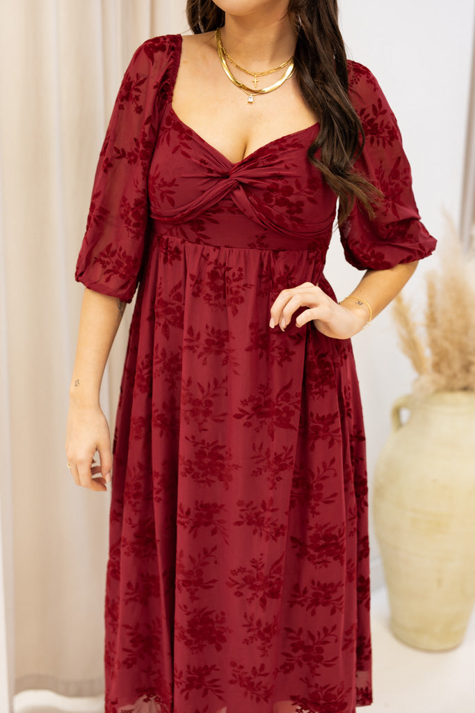 NEW BRANDI VELVET MIDI DRESS (BURGUNDY)