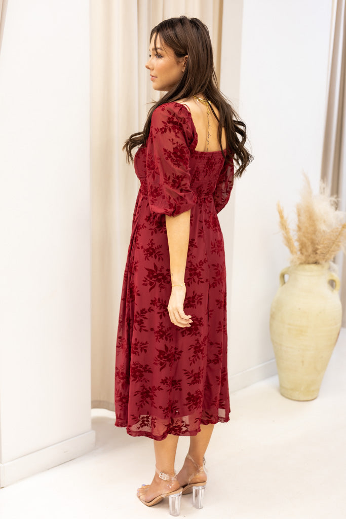 NEW BRANDI VELVET MIDI DRESS (BURGUNDY)