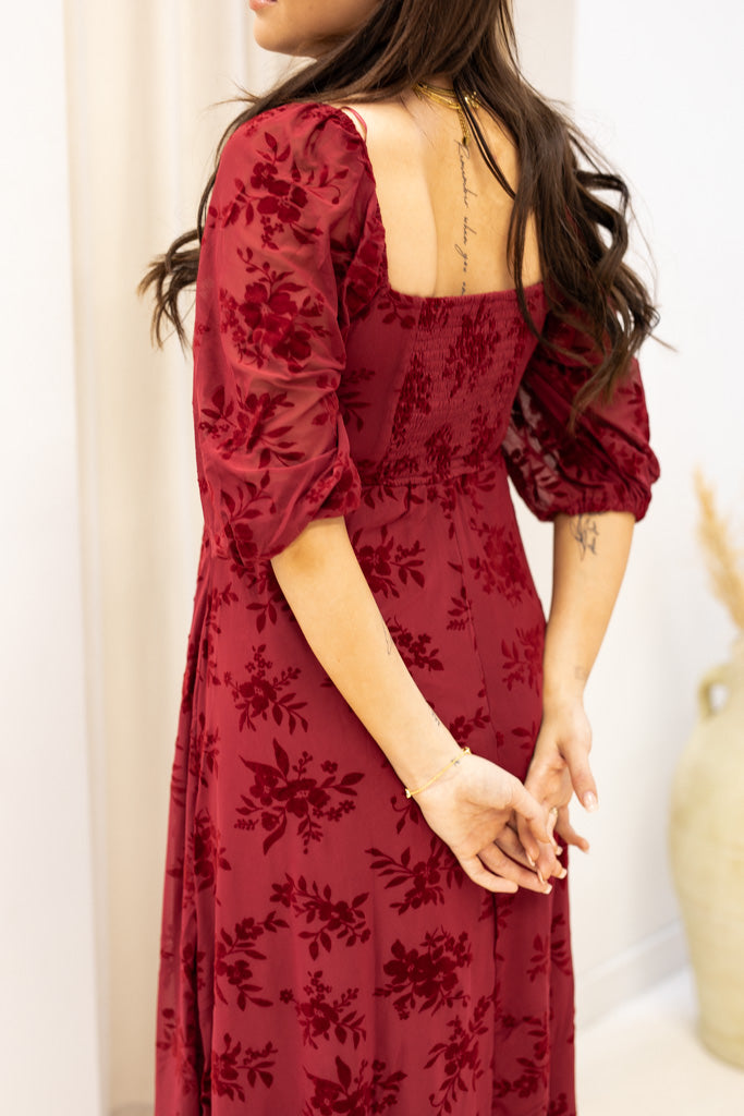 NEW BRANDI VELVET MIDI DRESS (BURGUNDY)