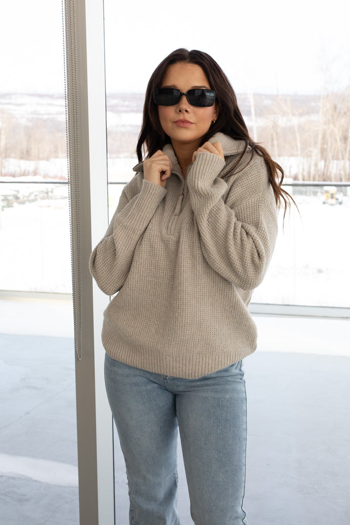 NEW ANA HALF ZIP PULLOVER SWEATER (HEATHER MOCHA) | RESTOCK