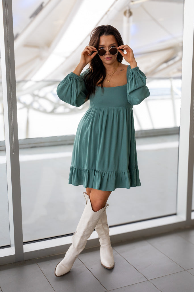 NEW TAYA BABYDOLL MINI DRESS (SAGE GREEN) | BEST SELLER