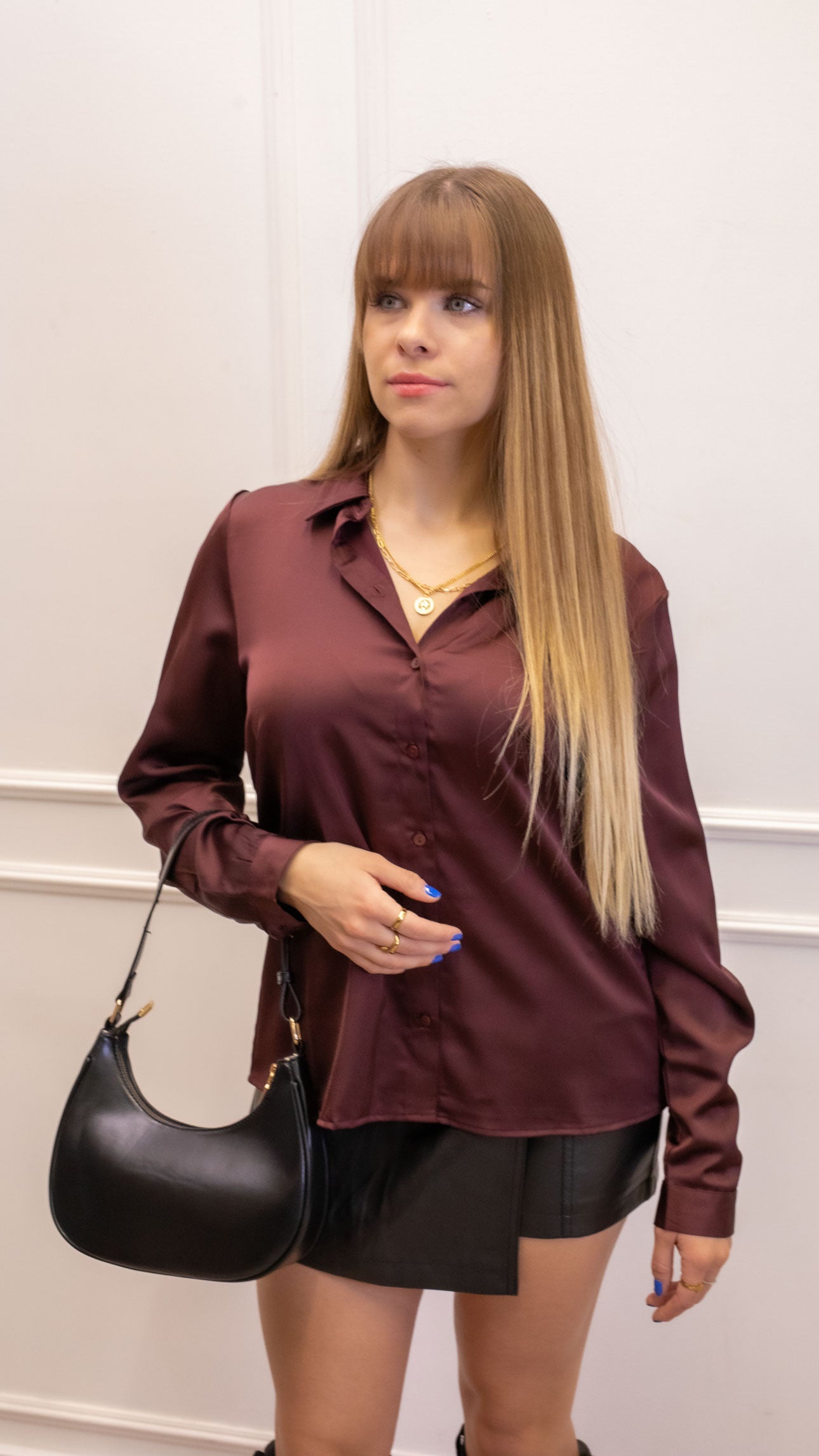 MIKA BUTTON UP SATIN BLOUSE | BROWN (ONLY)