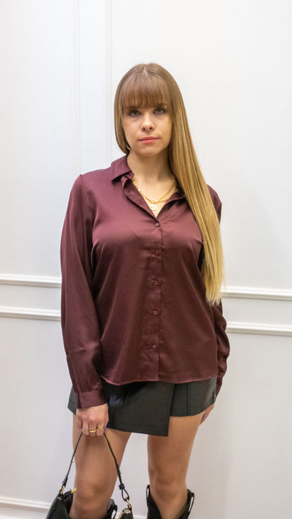 MIKA BUTTON UP SATIN BLOUSE | BROWN (ONLY)
