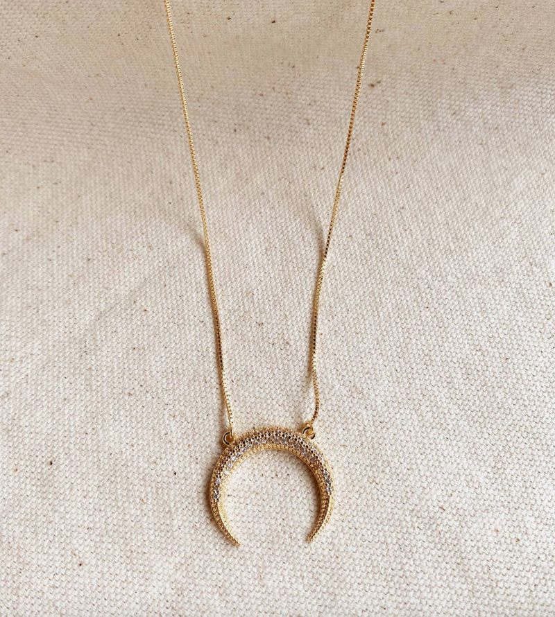 NEW CUBIC ZIRCONIA 18K GOLD FILLED CRESCENT MOON NECKLACE