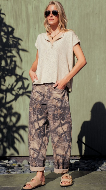 VINTAGE WASHED CAMO LEAF PRINT BARREL PANTS