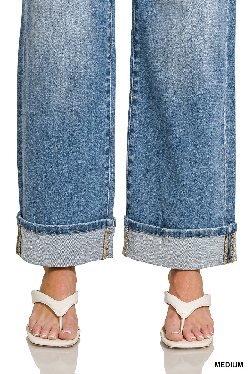 HIGH RISE CUFFED WIDE LEG DENIM PANTS