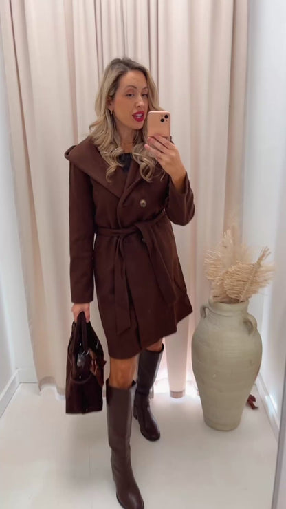 HALLIE HOODED DRESS COAT (BROWN)