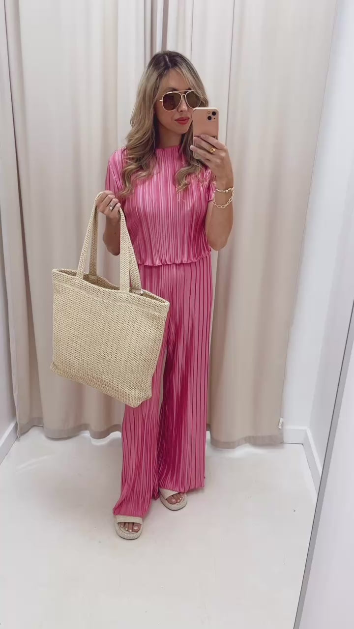 VIVIAN PINK PLISSE SATIN PANT SET